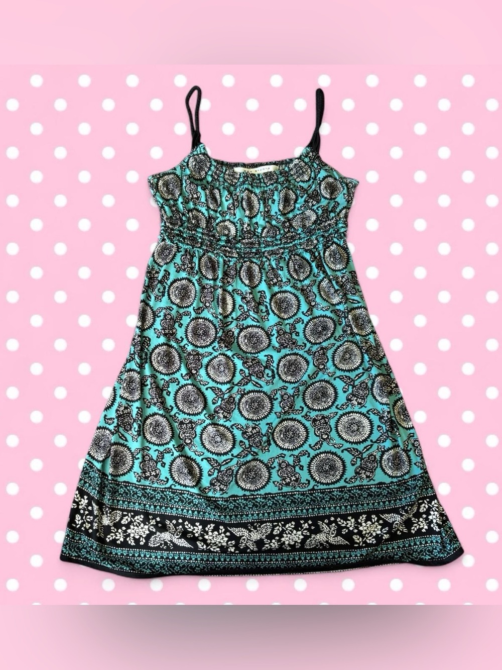 Max Studio Turquoise Black Smocked Neckline Dress